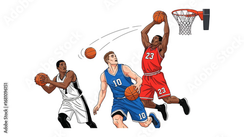 Basketball Action: A dynamic illustration captures a thrilling basketball game with players in mid-air, the ball soaring towards the hoop.