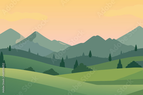 a serene landscape with rolling hills mountains and trees