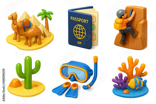 3D travel and desert icons set with cactus, camel and snorkel PNG