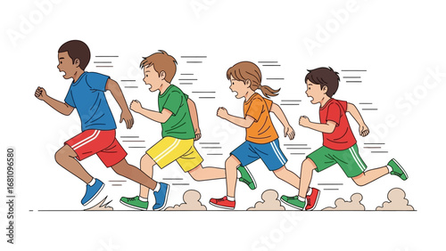 Children Sprinting in a Race: Energetic children sprint forward in a colorful race, showcasing athleticism and determination in a vibrant and dynamic illustration.