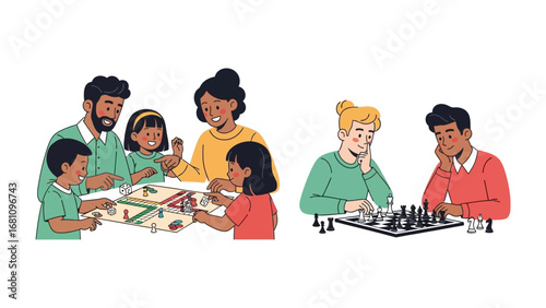 Family Game Night: A cheerful family engages in quality time, playing board games and chess, promoting fun, bonding, and intellectual stimulation.