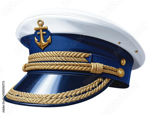 Navy blue and white captain’s cap with embroidered badge isolated on transparent background