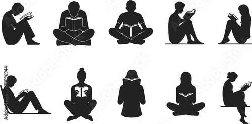 Silhouettes of people reading books in various seated positions, diverse postures and genders, isolated black on white