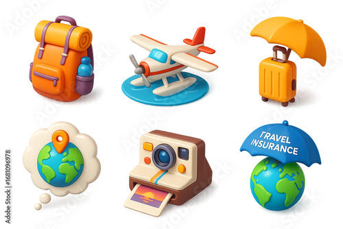 3D travel and holiday icons set PNG with globe and airplane
