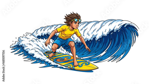 Surfer in Action: A dynamic illustration showcases a young surfer riding a towering wave, embodying the thrill and energy of surfing and water sports.