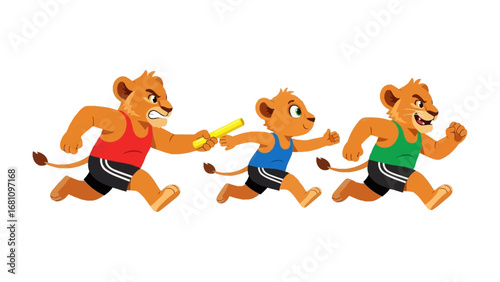 Lion Cubs Relay Race: A dynamic illustration of lion cubs competing in a relay race, demonstrating teamwork, sportsmanship, and the thrill of athletic competition.