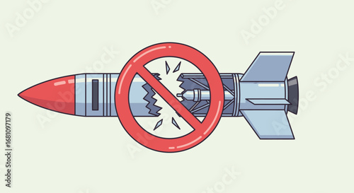 A cartoon illustration of a broken missile with a red prohibition sign, symbolizing an anti-war and disarmament message.
