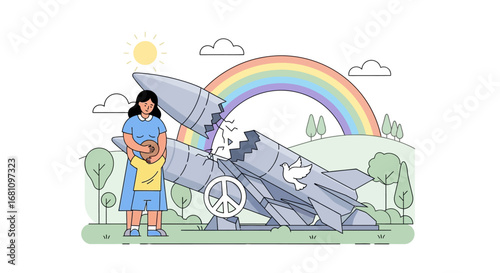 A mother and child stand beside a broken missile, adorned with a peace sign and a dove, under a hopeful rainbow.