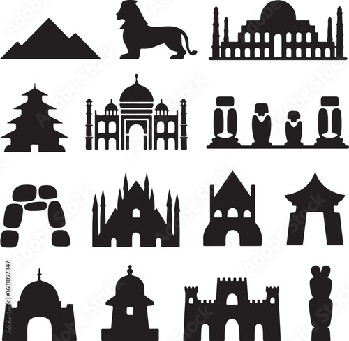 Diverse Collection of Black Silhouette Icons Featuring Famous Landmarks and Structures mountain