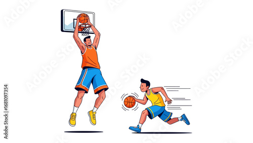 Basketball Action Illustration: Dynamic illustration captures the essence of basketball, depicting a player's powerful jump towards the hoop and a player dribbling at speed.