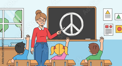 Teacher explaining peace symbol to attentive elementary school students.