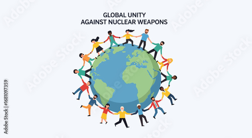 A diverse group of people holding hands around planet Earth, symbolizing a united stand against nuclear weapons.