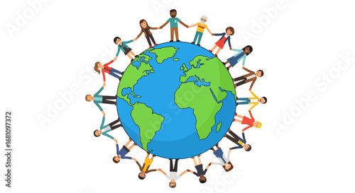 A diverse group of cartoon people holding hands in a circle of unity around planet Earth.