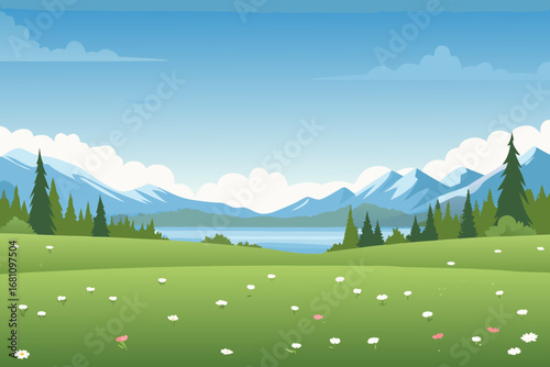 a serene landscape with mountains lake trees and flowers