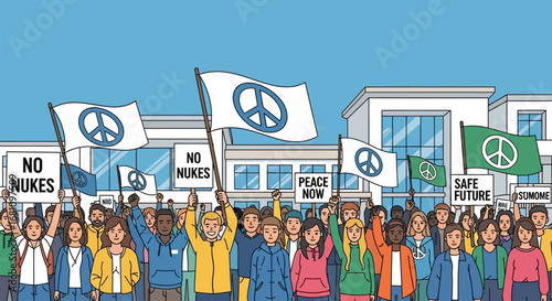 Diverse crowd protesting against nuclear weapons, holding peace signs and banners.