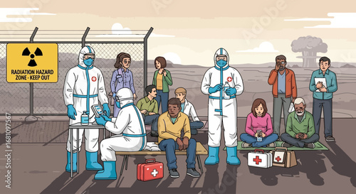 People in hazmat suits attend to civilians in a desolate, possibly contaminated zone, with a radiation hazard sign and a mushroom cloud visible in the distan...