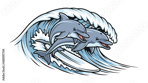 Dolphin Wave Ride: A joyful scene unfolds as two dolphins ride a powerful wave, capturing the essence of aquatic adventure, energy, and the wonders of the ocean.