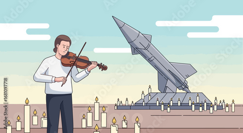 A violinist plays a solemn tribute surrounded by lit candles in front of a large rocket monument.