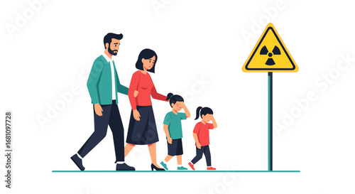 Family walks away from a radioactive warning sign, highlighting environmental hazard.