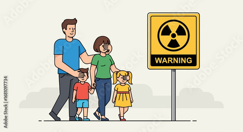 A family walks past a radioactive warning sign, highlighting potential danger.