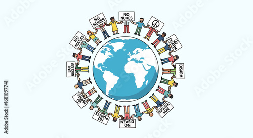 Diverse group of people holding signs, united in a circle around a globe, symbolizing global protest.