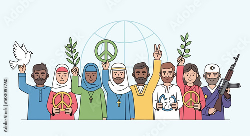 Diverse group of people holding peace symbols, united in a global peace message.