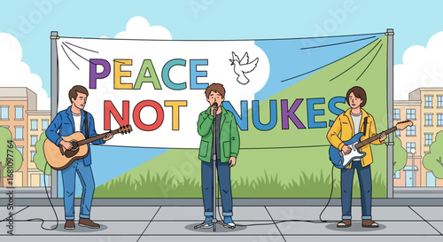 Three young musicians perform in front of a banner reading "Peace Not Nukes" with a dove symbol, advocating for peace.