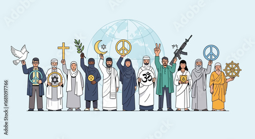 Diverse people from different faiths holding religious symbols, united in a peaceful global display.