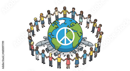 A diverse group of people holding hands in a circle around a globe with a peace symbol, symbolizing global unity and peace.