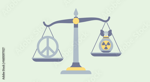 Scales of justice tipping towards a nuclear bomb, outweighing a peace symbol in a conceptual illustration.