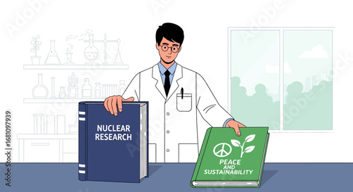 A scientist holding books on nuclear research and sustainability, representing a choice between different paths.