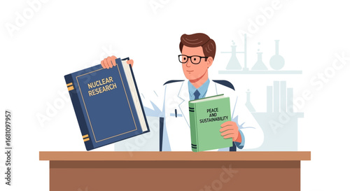 A scientist holds two books, one on nuclear research, the other on peace and sustainability, at a lab desk.