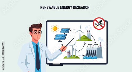 Scientist presenting renewable energy research, illustrating sustainable energy sources and processes.