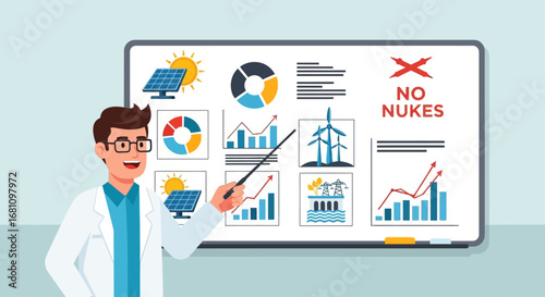 A scientist presenting alternative energy solutions, highlighting the rejection of nuclear power.