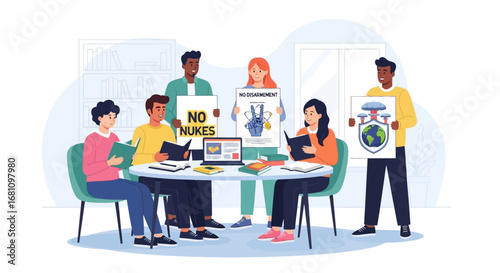 Diverse group of people gathered around a table, holding signs and posters, engaged in a discussion or meeting, potentially about environmental or social issues.