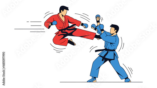 Dynamic Martial Arts: A striking display of a martial arts match, as one participant delivers a powerful kick, while the other prepares to defend.