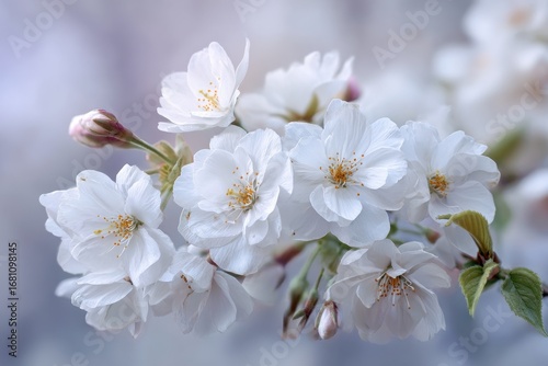 Delicate white blossoms of spring cherry trees