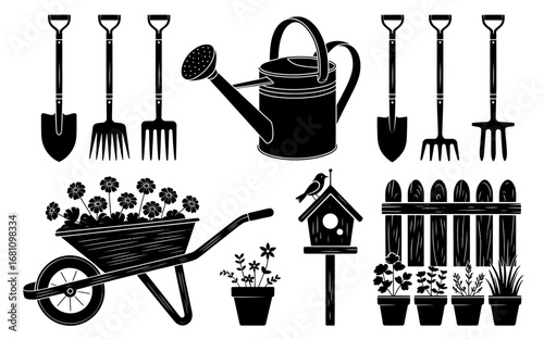 A Black and White Watercolor Illustration of Gardening Tools, Promoting a Perfect Garden