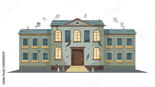 Vector art of abandoned building with broken windows and damaged facade