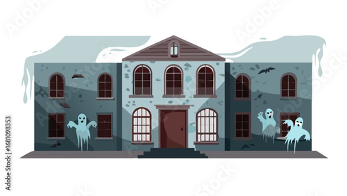 Vector art of haunted house with ghosts and spooky atmosphere
