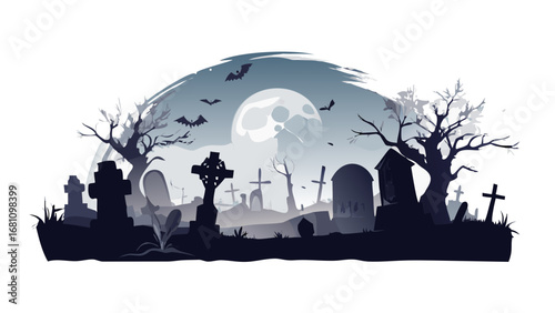 Vector art of cemetery with moon and bats