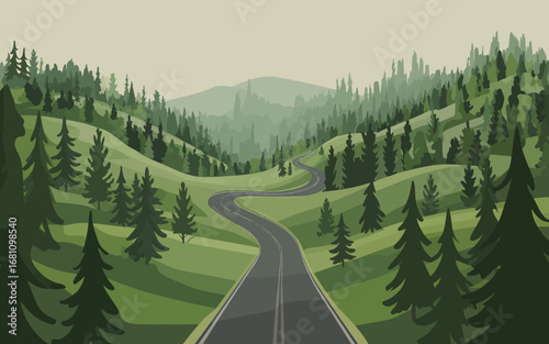 Flat Design Illustration Serene Road Through Verdant Hills and Forests, a Natural Escape