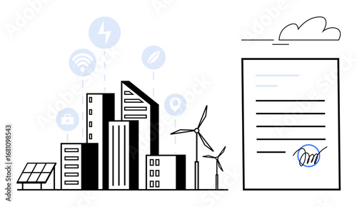 Urban buildings with wind turbines, solar panels, and icons representing connectivity, energy, and location beside a signed document. Ideal for sustainability, innovation, green energy, smart cities