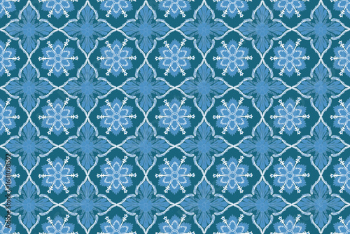 Seamless blue textile pattern with floral star motifs framed in diamond shapes, blending traditional Thai elegance with a modern geometric style.