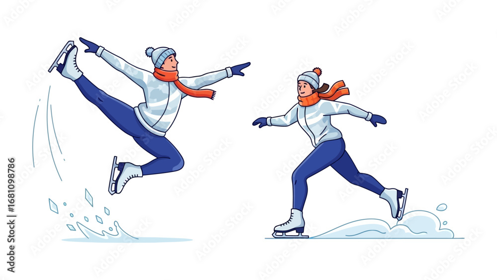 Obraz premium Dynamic Figure Skating: A captivating illustration of figure skaters gliding gracefully across the ice, their movements defined by both power and finesse. 