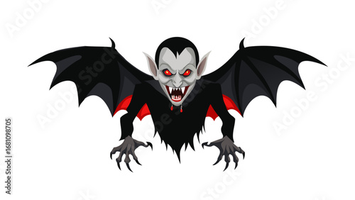 Vector art of cartoon vampire with red eyes and black wings