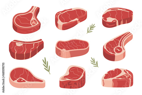 A Minimalist Illustration of Eight Cuts of Meat for Culinary and Educational Purposes.