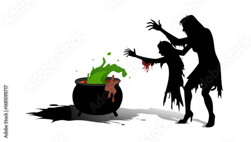 Vector art of silhouette of a witch and zombie preparing a potion