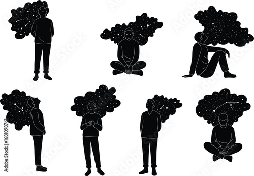Silhouettes of people with starry night minds, symbolizing deep thoughts, dreams, imagination, and cosmic mental landscapes in abstract art.