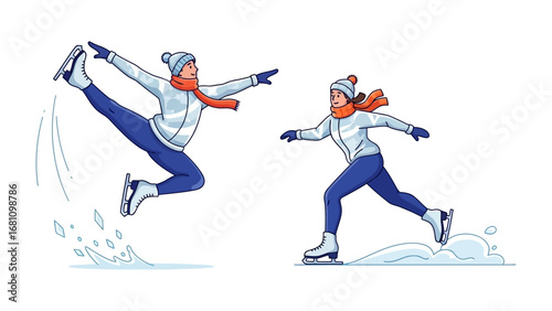Dynamic Figure Skating: A captivating illustration of figure skaters gliding gracefully across the ice, their movements defined by both power and finesse. 